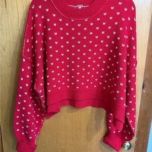 Free People Red Cropped Crewneck Sweater with White Heart Motif